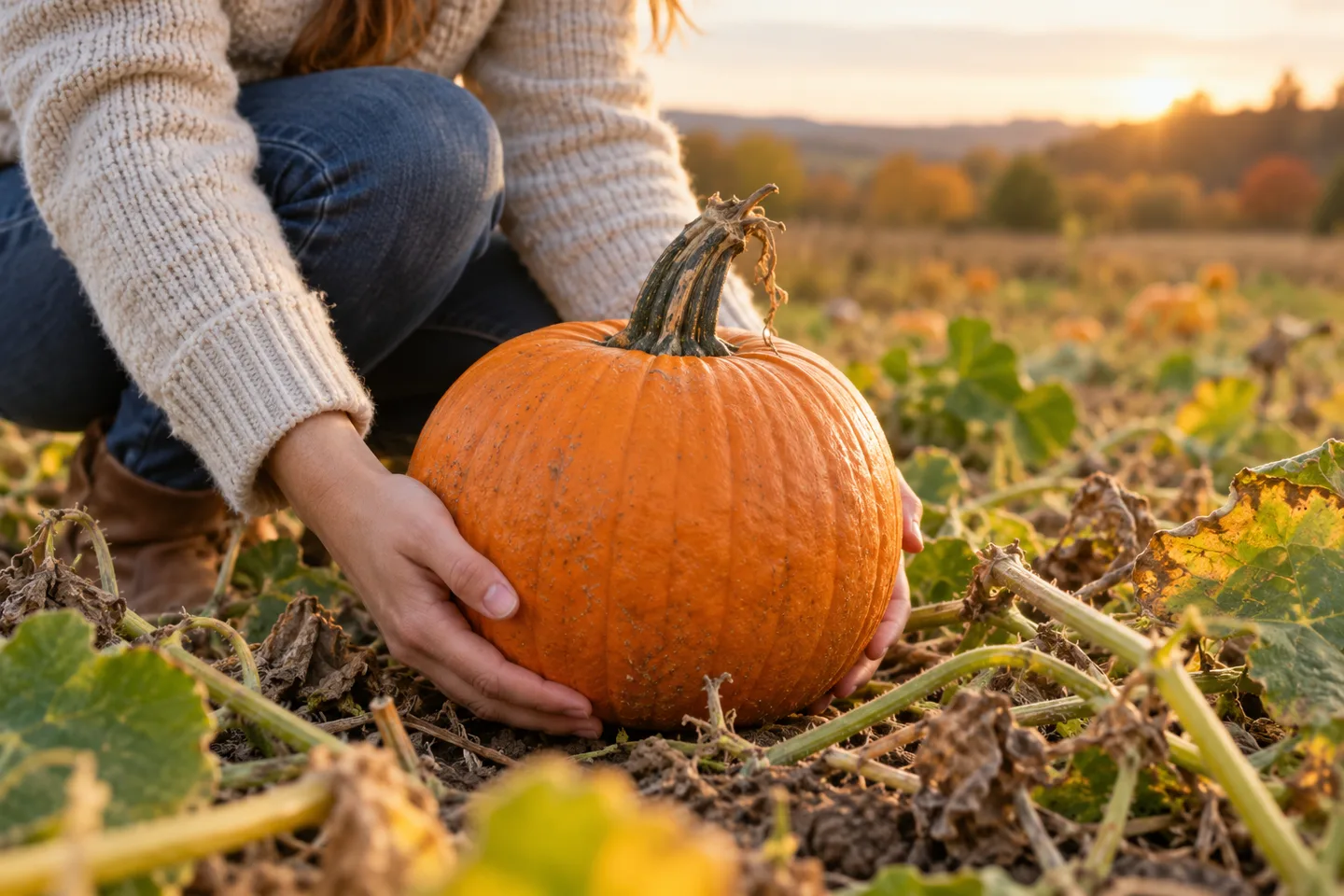 A pumpkin supported from underneath rather than lifted by its stem